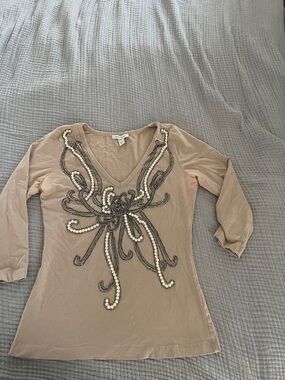 Boston Proper Embellished Tan V-Neck Top